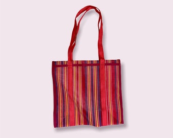 Small Fabric Strap Mexican Plastic Tote Beach Bag 14 x 15 in | Market Bag | boho chic | mesh | colorful | reusable plastic bag | beach style