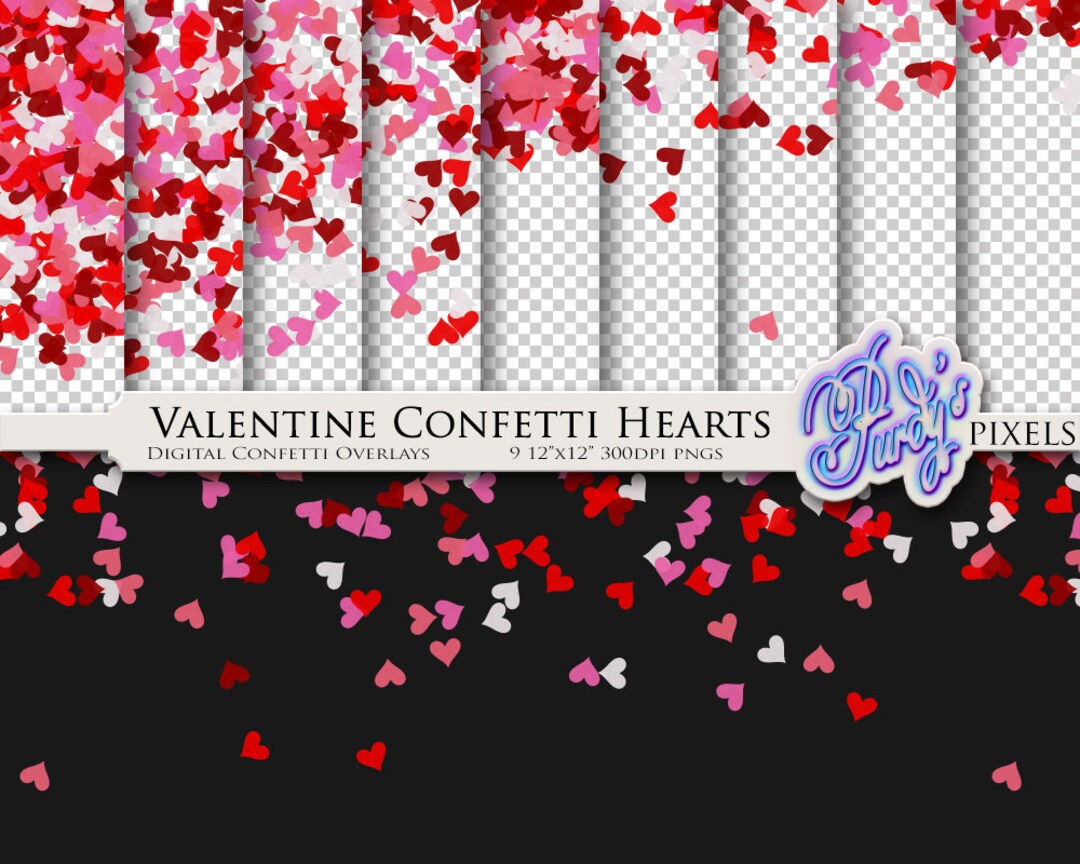 Valentine Hearts Confetti Digital Overlays 9 Printable Red and Pink
