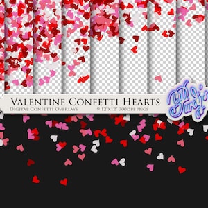 Valentine Hearts Konfetti Digital Overlays - 9 druckbare rote und rosa nahtlose Konfetti-Bordüren