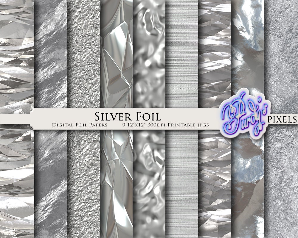 Digital Silver Foil Paper Pack - 9 Seamless Metallic Silver Printable ...