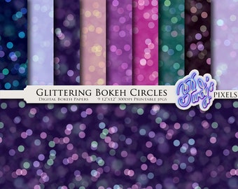 Bokeh Digital Paper Pack - 9 Brokeh Glitter Printable Scrapbooking Papers Rainbow Glitter Paper Bokeh Background Commercial Use