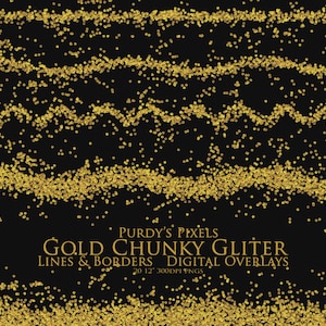 Digital Gold Glitter Overlays - 9 Seamless Messy and Chunky Yellow Gold Glitter Lines and Borders for Commercial Use