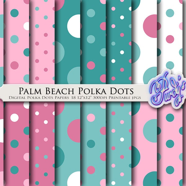 Teal and Pink Polka Dots Digital Paper - Printable Polka Dot Scrapbooking Papers for Commercial Use