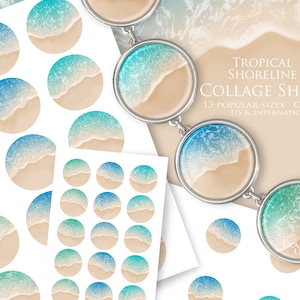 Digital Beach Collage Sheet Circles - 15 Unique Designs in 1&#39;&#39; 25mm and 11 more sizes - A4 and US Papers
