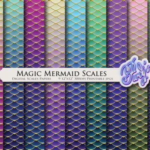 Magical Mermaid Digital Paper Pack - Ombre and Gold Mermaid Scales Digital Paper Pack