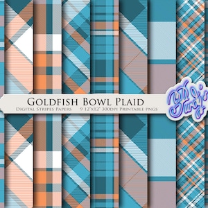 Könnte beinhalten: Eine Sammlung digitaler Papiere mit verschiedenen Karomustern in Türkis, Orange und Braun. Der Text "Goldfish Bowl Plaid" und "Digital Stripes Papers" ist sichtbar. Jedes Papier misst 30.48 cm x 30.48 cm und 300 DPI. Der Text "Pixels" ist ebenfalls vorhanden.
