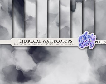 Charcoal Watercolors Digital Paper Pack - 9 papiers scrapbooking imprimables noir et blanc sans couture pour un usage commercial