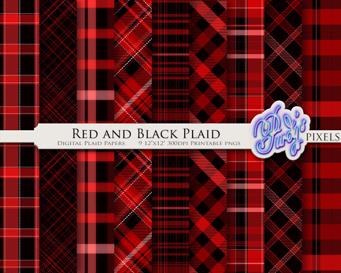 Black and Red Plaid Digital Paper Pack 9 Seamless Red Lumberjack ...