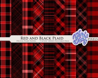 Black and Red Plaid Digital Paper Pack - 9 Seamless Red Lumberjack Printable Scrapbooking Papers for Commercial Use