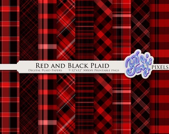 Buffalo Plaid Digital Papers Downloadable Paper Pack Seamless Red and Black Plaid Lumberjack Printable Scrapbooking Papers Commercial Use