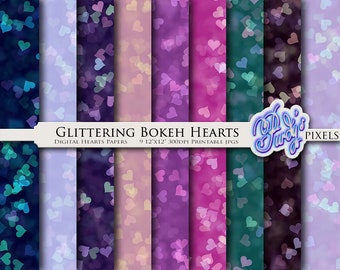 Glitzernde Bokeh Herzen Digital Paper Pack - 9 Valentinstag Brokeh Glitzer Herzen Printable Scrapbooking Papiere für den kommerziellen Gebrauch