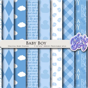 Digital Baby Boy Word Art Printable Scrapbooking Paper in Blue for Baby Shower