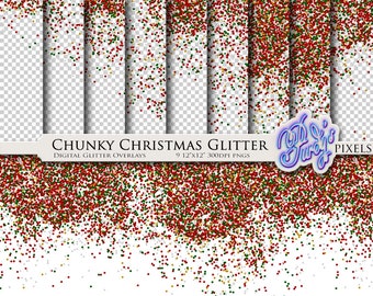 Digital Christmas Glitter Overlays - Printable Scrapbooking Borders - 9 Seamless Chunky Red Green and Gold Glitter PNGs for Commercial Use
