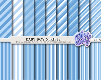 Digital Baby Boy Stripes Printable Scrapbooking Paper in Blue for Baby Shower
