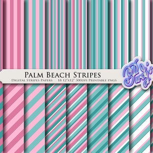 Teal and Pink Digital Stripes Paper - 18 Seamless Striped Printable Scrapbooking Papers for Commercial Use