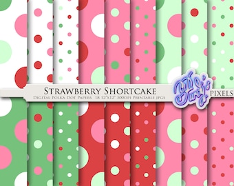 Paquete de papel digital de lunares de Tarta de Fresa: 18 papeles de scrapbooking imprimibles en verde y rosa sin costuras