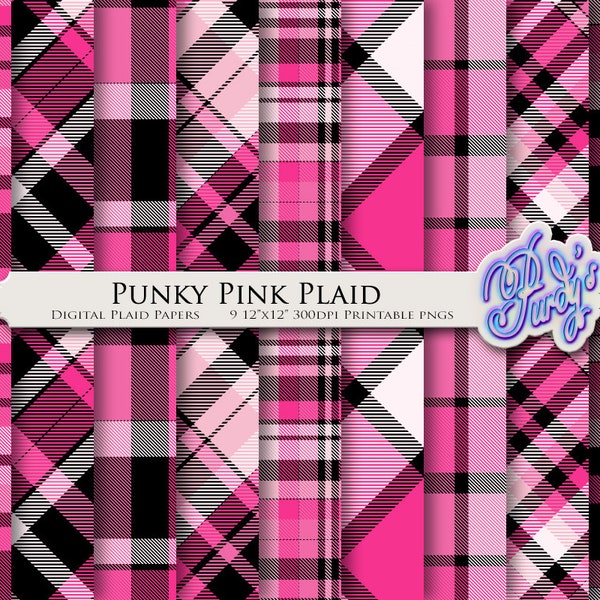 Pink Plaid Digital Paper Pack - Printable Scrapbooking Paper for Valentine's Day in Pink and Black