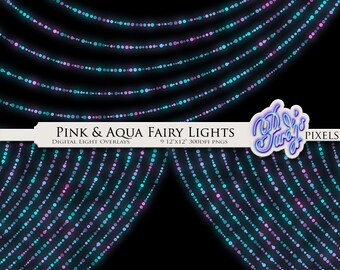 Digital Aqua & Pink Fairy Lights Overlays - Printable Scrapbooking Borders - 9 Magical Colored String Lights PNGs for Commercial Use