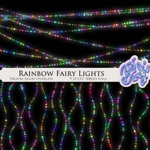Puede incluir: Nueve imágenes digitales de luces de hadas arcoíris, cada imagen mide 30,48 cm por 30,48 cm y 300 DPI. Las luces están dispuestas en un patrón de cadena y brillan intensamente.