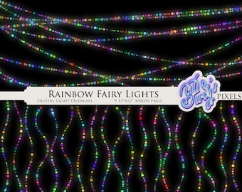 Digital Fairy Lights Overlays - 9 Printable Scrapbooking Rainbow String Lights Borders for Commercial Use