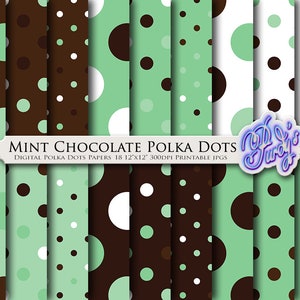 Mint Chocolate Polka Dots Digital Paper - Green and Brown Printable Scrapbooking Papers for Commercial Use