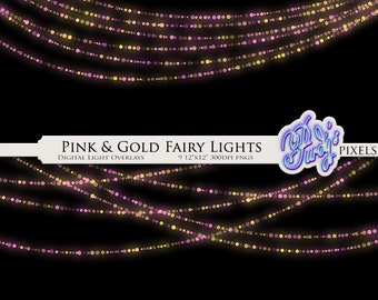 Digital Pink & Gold Fairy Lights Overlays - Printable Scrapbooking Borders - 9 Warm Colored String Lights PNGs for Commercial Use