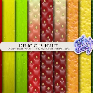 Delicious Fruit Digital Paper Pack - 9 papeles de scrapbooking imprimibles de frutas sin costura para uso comercial
