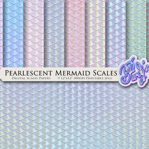 Pearlescent Digital Mermaid Scales Paper Pack - 9 Seamless Pastel Mermaid Printable Scrapbooking Papers for Commercial Use
