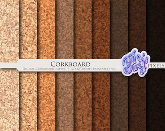 May include: Nine digital corkboard papers in various shades of brown, each measuring 23x30 cm and 300 DPI. The papers are printable and come in JPG format. The text "Corkboard" and "Digital Corkboard Papers 9 12x12 300DPI Printable JPGs" is displayed on a white banner.