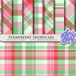 Strawberry Shortcake Plaid Digital Paper Pack - 9 Seamless Pink and Green Plaid Printable Scrapbooking Papers for Commercial Use