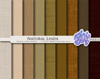 Peut inclure: Neuf textures de papier numérique représentant différentes nuances de lin brun et beige. Les papiers mesurent 12x12 pouces et 300dpi. Le texte "NATURAL LINEN" et "DIGITAL LINEN PAPERS" est affiché en haut de l'image.