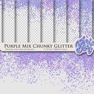 Purple Digital Glitter Overlays - Printable Scrapbooking Borders - 9 Seamless Messy and Chunky Glitter PNGs for Commercial Use