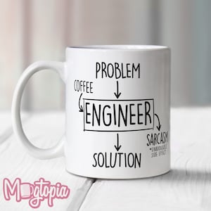May include: White ceramic coffee mug with a black graphic that reads "Problem, Coffee, Engineer, Solution, Sarcasm *Unavoidable Side Effect*"