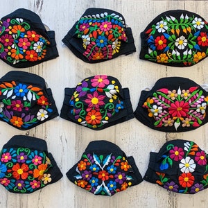 Gorgeous Floral Embroidered Face Mask, Reusable And Washable Face Mask, Handwoven Face Mask, Face Mask Embroidered. Artisanal Face Masks Black