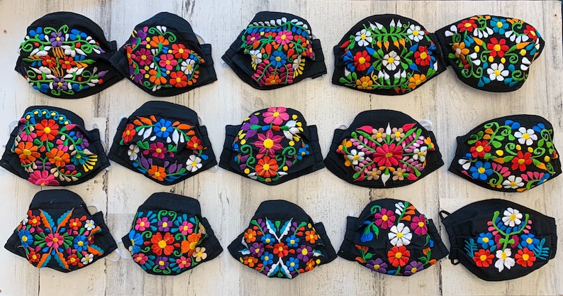 Gorgeous Floral Embroidered Face Mask, Reusable And Washable Face Mask, Handwoven Face Mask, Face Mask Embroidered. Artisanal Face Masks Black