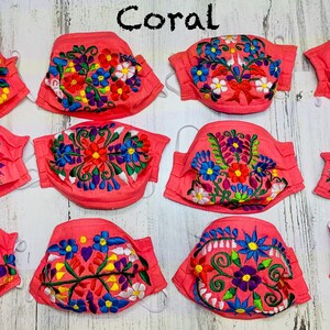 Gorgeous Floral Embroidered Face Mask, Reusable And Washable Face Mask, Handwoven Face Mask, Face Mask Embroidered. Artisanal Face Masks Coral