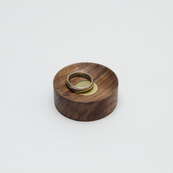 21st anniversary gift with brass inlay. Mini wood ring dish, gift for men or women. Made of Walnut wood