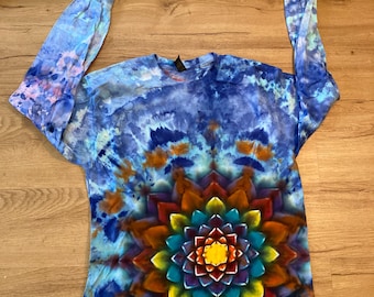 Camiseta grande / Camiseta mandala hecha a mano / Camiseta tie-dye psicodélica / Camiseta flor de loto / Camiseta extragrande / Camiseta psicodélica / Camiseta de yoga de manga larga