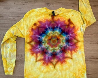 Camiseta grande / Camiseta mandala hecha a mano / Camiseta tie-dye psicodélica / Camiseta flor de loto / Camiseta extragrande / Camiseta psicodélica / Camiseta de yoga de manga larga