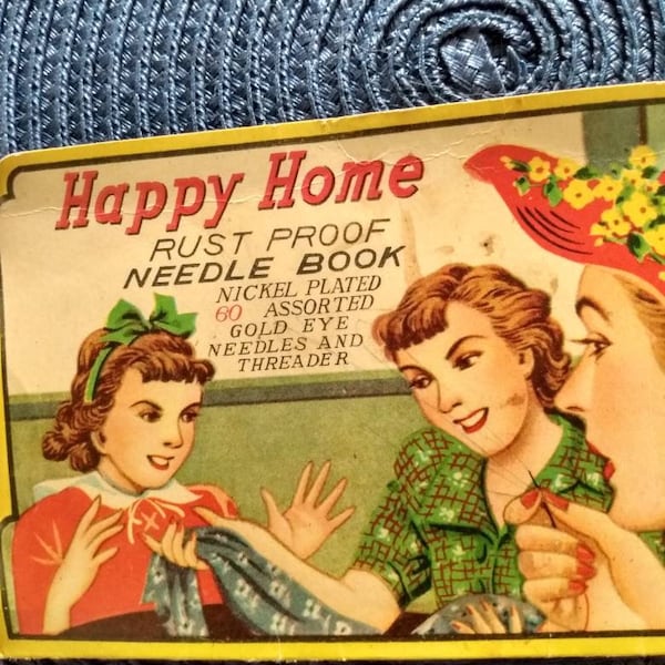 Vintage Happy Home rust proof sewing gold eye needle book set nickel plated, ephmera.