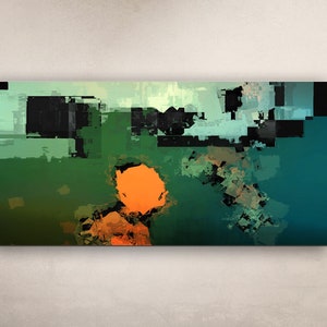 May include: Abstract art painting with a green, blue, and orange color scheme. The painting has a pixelated or digital effect.