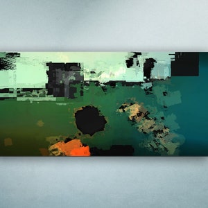 May include: Abstract painting with a green, blue, and black color scheme. The painting features a large black circle in the center and a smaller orange shape in the lower right corner.