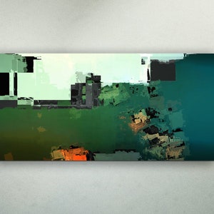 May include: Abstract art painting with a green, blue, and black color scheme. The painting has a textured, layered look, with blocks of color and geometric shapes.