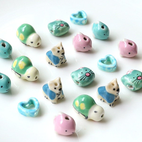 Ceramic Little Animal Beads, Tortoise/Cat/Dog/Fish/Heart, Handmade Loose Beads For DIY