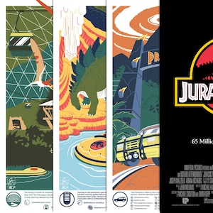 Op de afbeelding: Set van vier kleurrijke Jurassic Park-thema bladwijzers. Elke bladwijzer bevat illustraties van dinosaurussen, parkvoertuigen en het Jurassic Park-logo. De bladwijzers bevatten tekst en zijn verticaal georiënteerd.