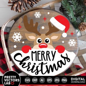 Feliz Natal SVG, Rena com Chapéu de Papai Noel SVG, Casa de Fazenda SVG, Placa Redonda SVG, Arquivo de Corte de Feriados, Engraçado SVG DXF EPS PNG, Silhueta Cricut