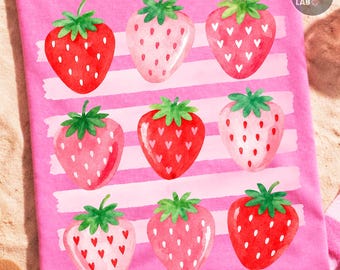 Coquette Strawberries PNG, Striped Strawberry Png, Retro Summer Clipart, Strawberry Festival Graphic, Vacation Shirt Design, Sublimation