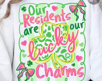 Our Residents Are Our Lucky Charms PNG, St. Patrick's Day Png, Preppy Coquette Clover, Pink, Nursing Png, Nurse Design, DTF, Sublimation