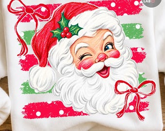 Preppy Santa Claus PNG, Striped Retro Christmas Png, Coquette Xmas Design, Trendy Vintage Holiday Graphic, Sublimation (Digital Download)