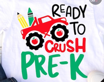 Redo att krossa förskolepng svg, tillbaka till skolan svg png, förskoleklippfiler, monstertruck-tröjadesign, barn, silhuett, Cricut, sublimering